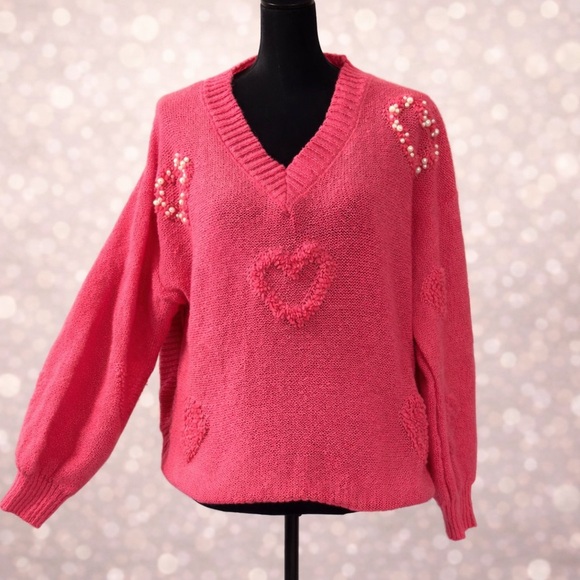 Vibrant Pink V-Neck Sweater with Balloon Sleeves - Picture 9 of 9